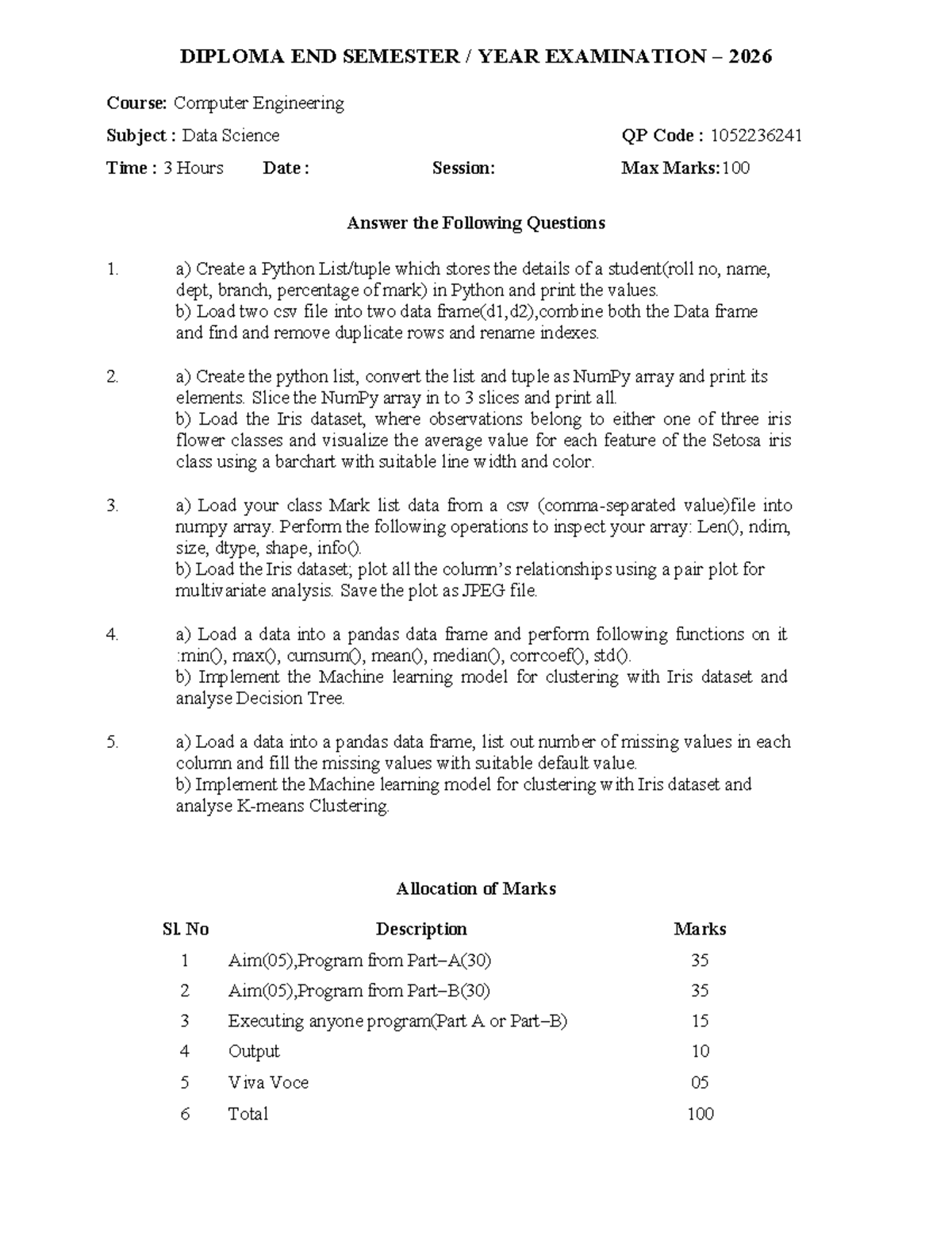 Data Science Final Exam 1052236241 - Diploma End Semester 2026 - Studocu