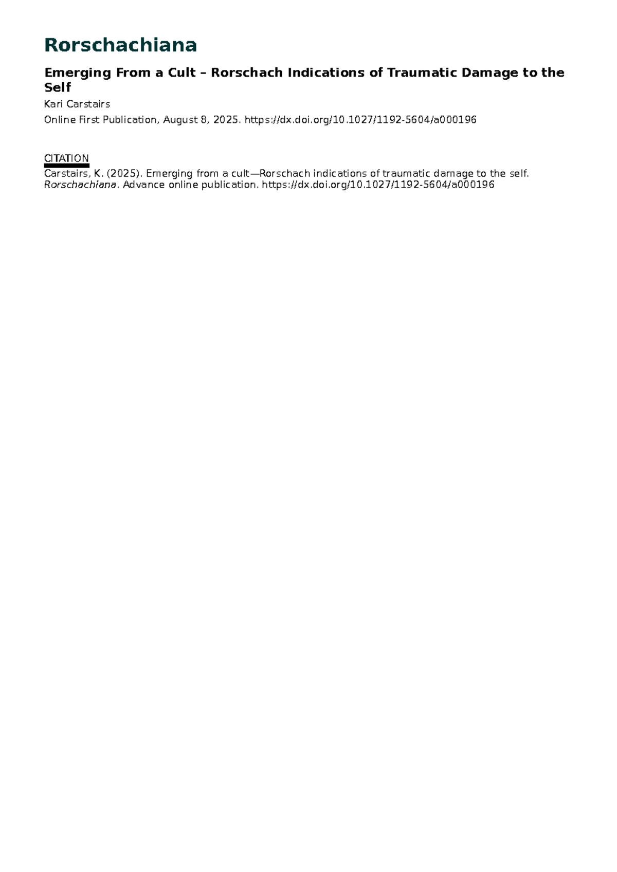Emerging from a Cult: Rorschach Indicators of Trauma and Healing (Case ...