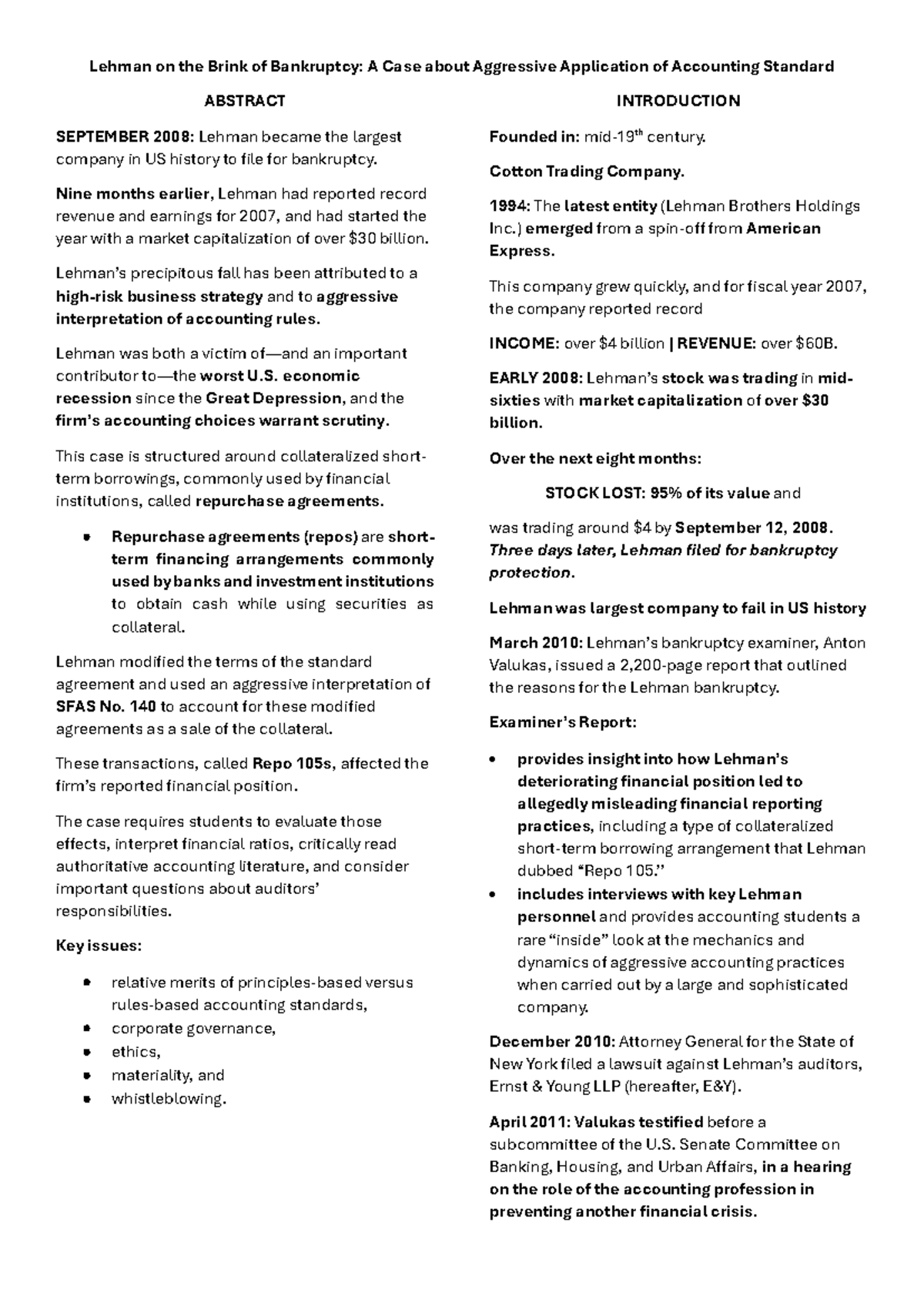 Lehman Brothers Bankruptcy Case Study: Aggressive Accounting Practices ...