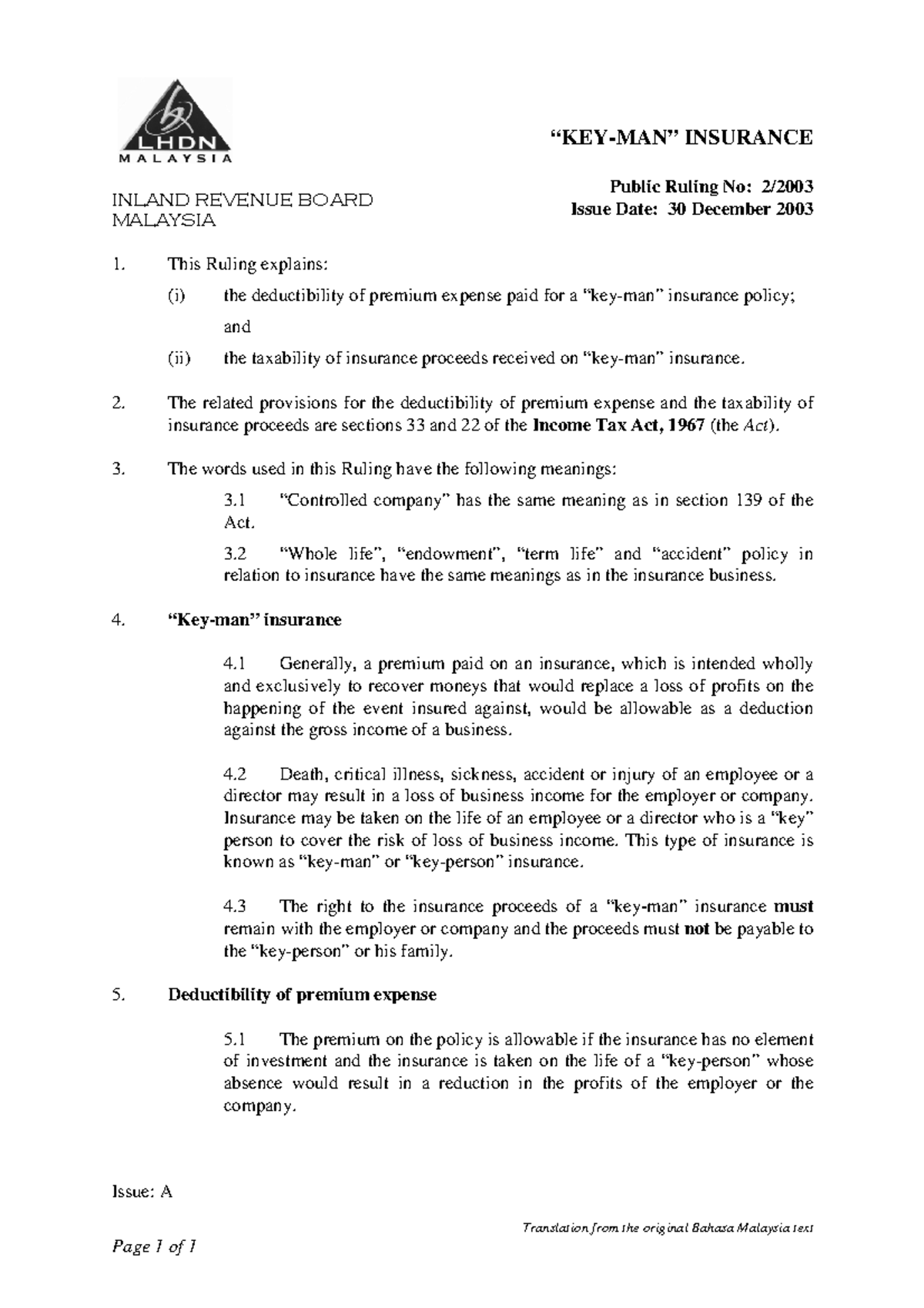 Keyman Insurance - Tax Implications and Deductibility Guidelines - Studocu