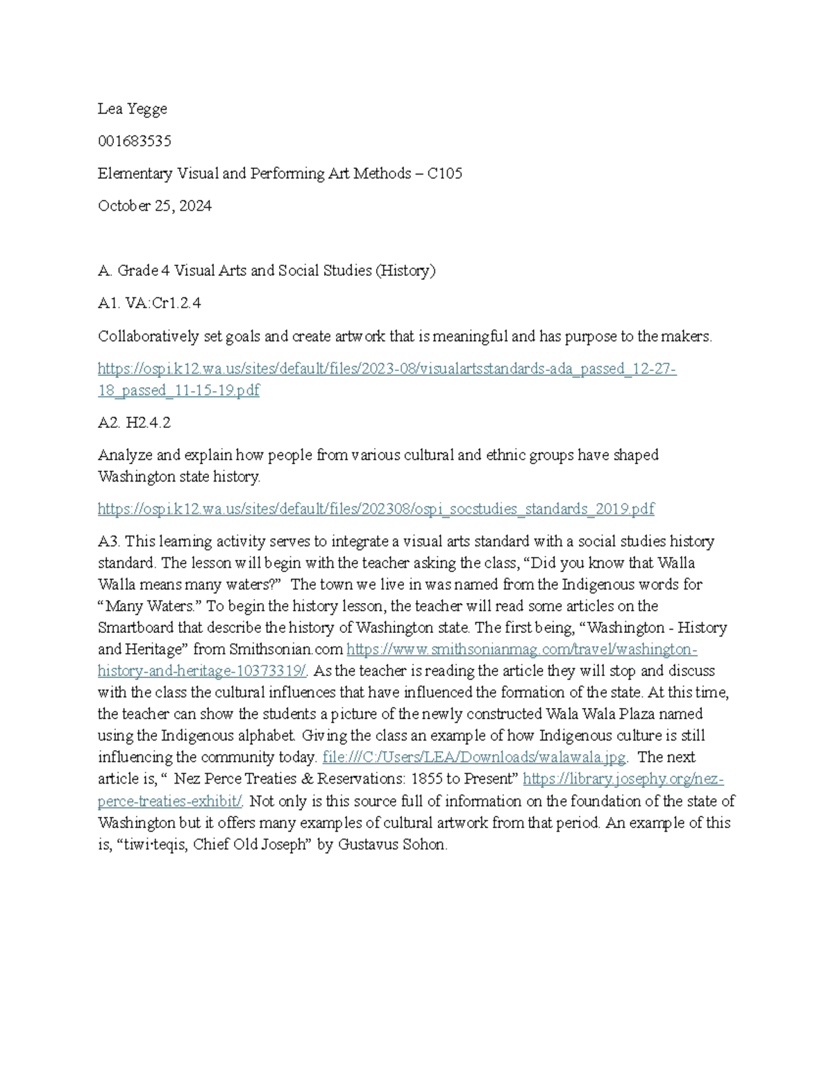 Visual arts integration task - Lea Yegge 001683535 Elementary Visual ...