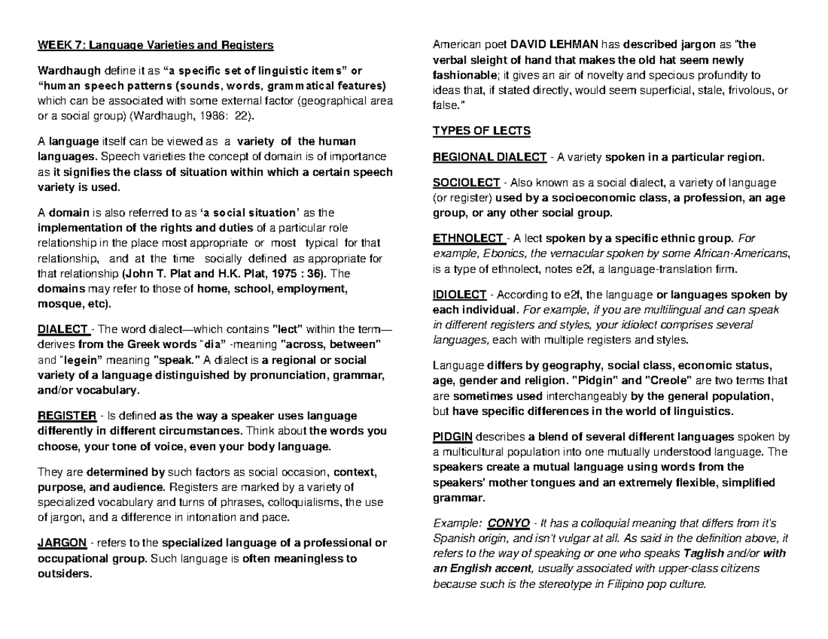 PURC - Midterm Review: Language Varieties and Registers Analysis - Studocu