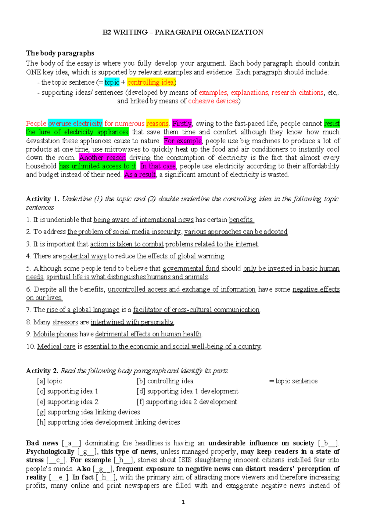 B2 Writing Handout: Essay Body Paragraph Organization Guide - Studocu