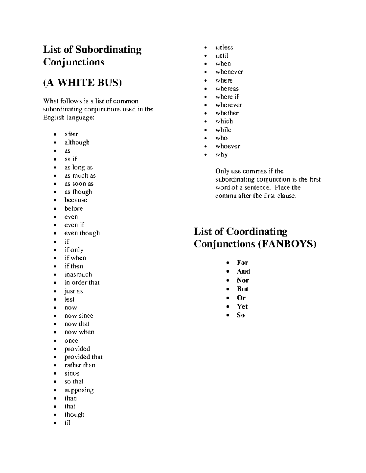 List of Subordinating Conjunctions (A WHITE BUS) - Studocu