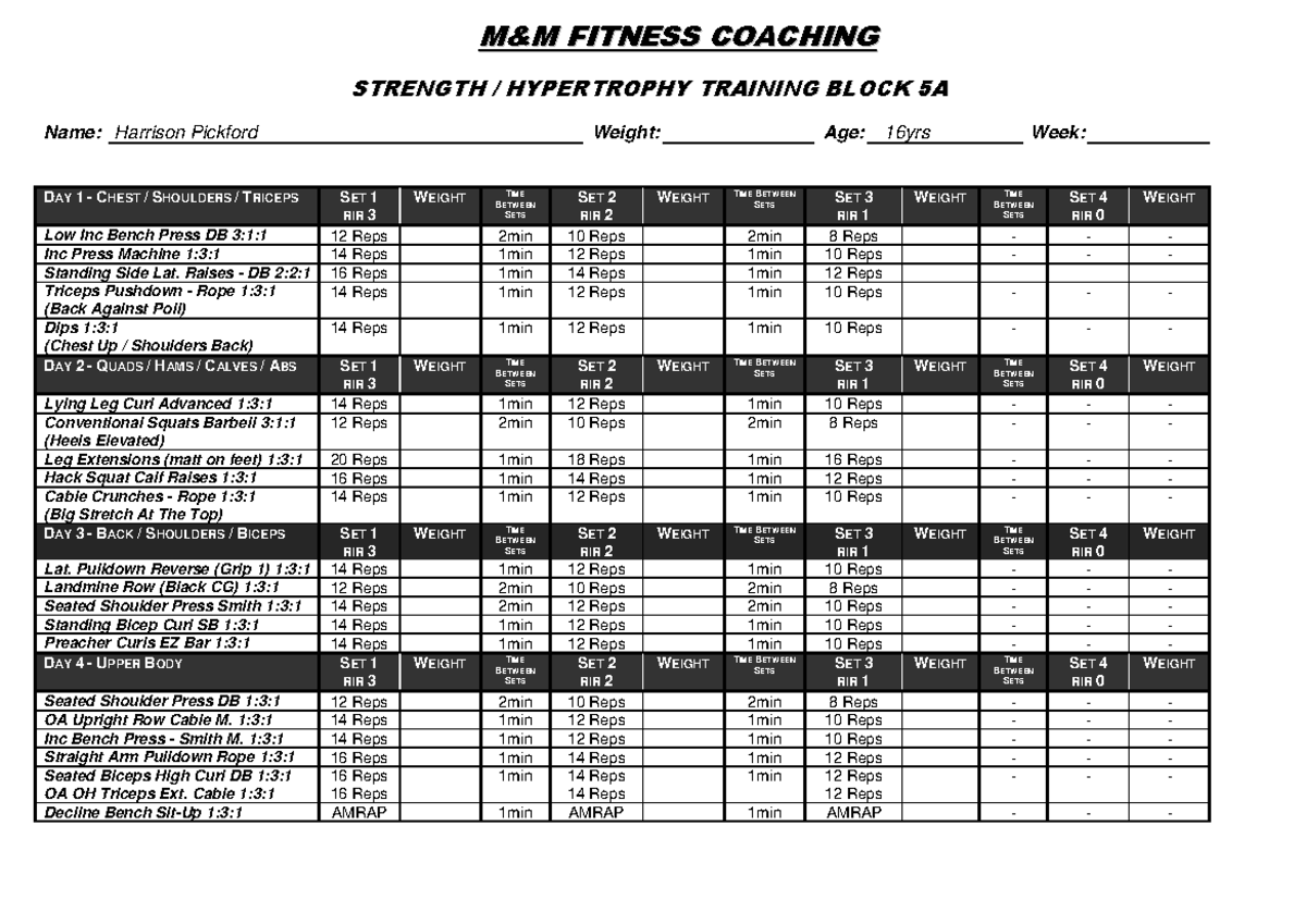 Strength & Hypertrophy Training Block 5A by Harrison Pickford - Studocu