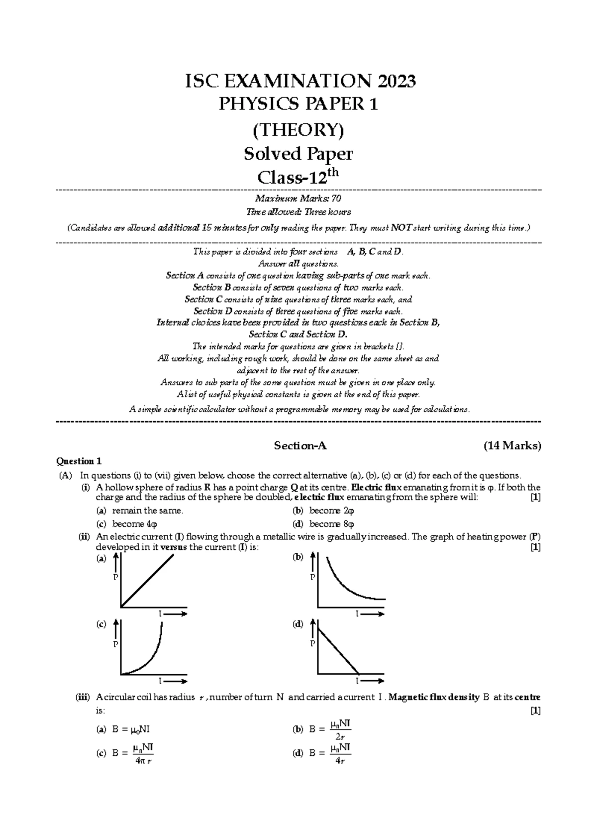 ISC Class 12 Physics 2020 Question Paper Solutions and Explanations ...