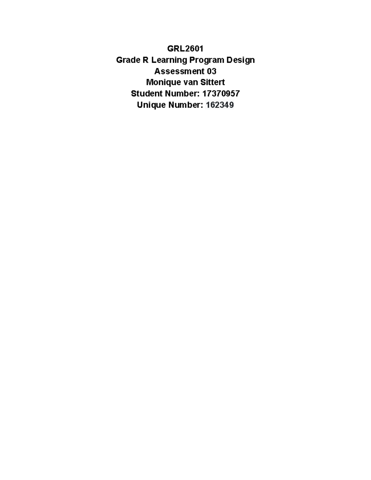 GRL2601 Assessment 03: Designing a Grade R Learning Program - Studocu