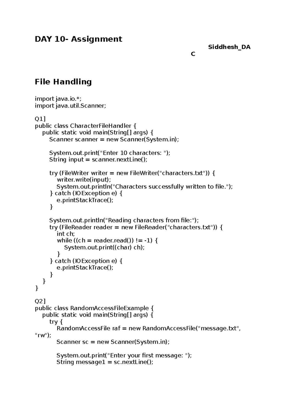 DAY10 Assignment C: File Handling in Java - Siddhesh - Studocu