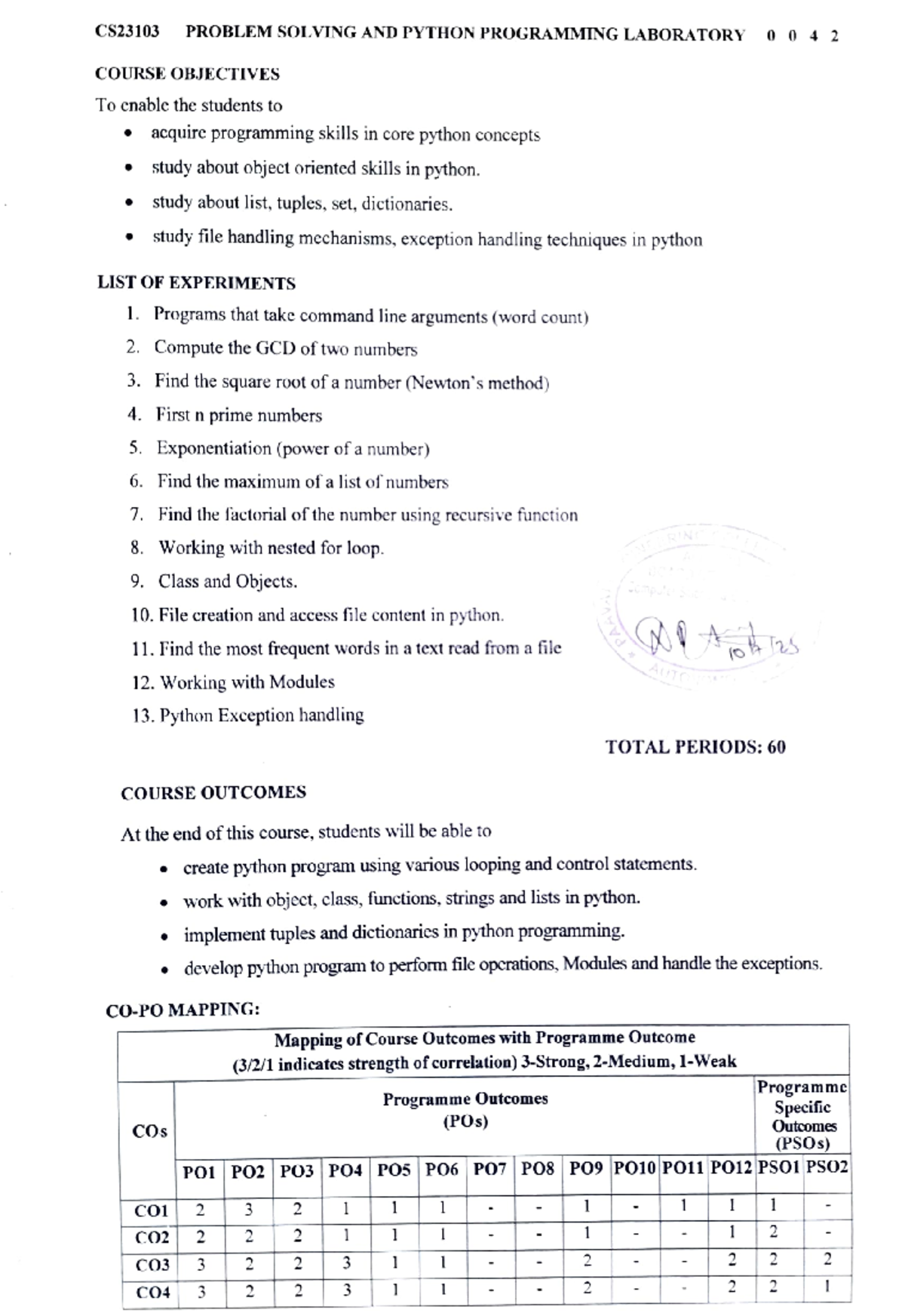 CS23103 - Lab Experiments and Outcomes in Python Programming - Studocu