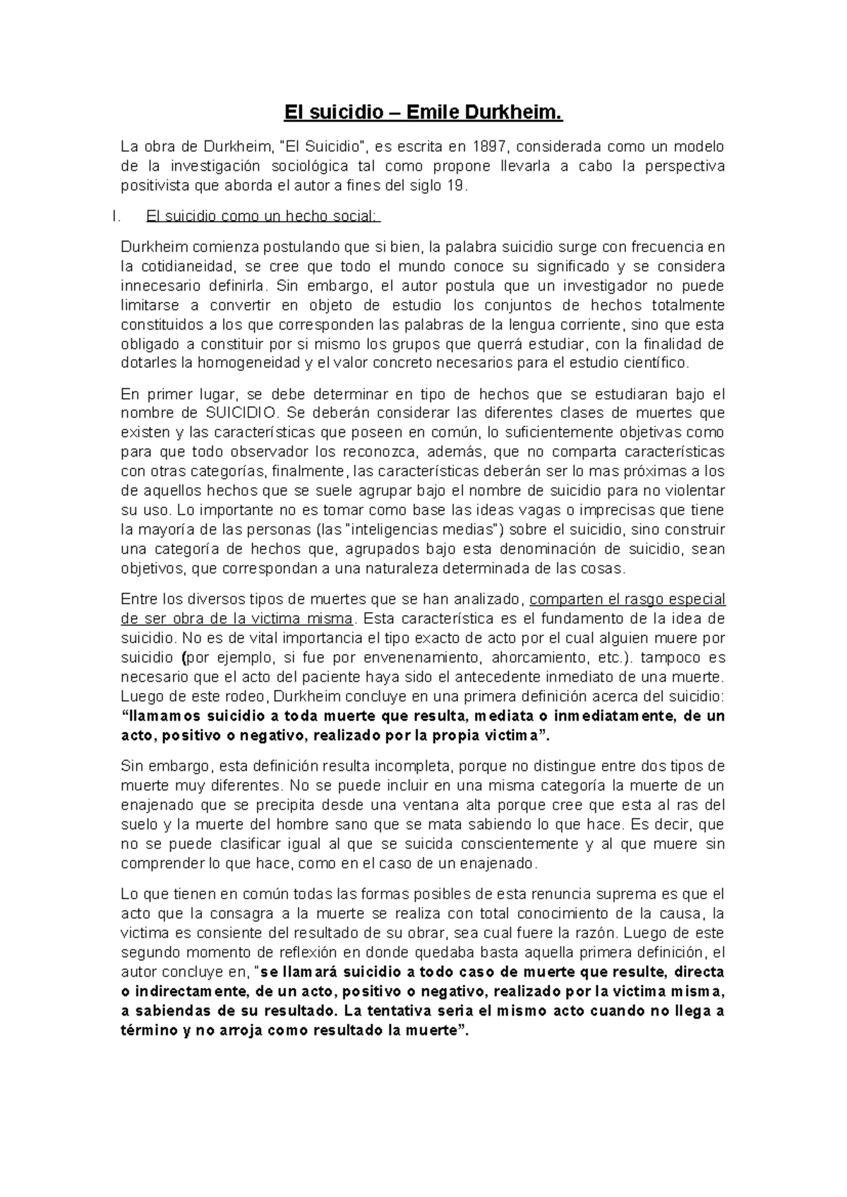 El suicidio según Emile Durkheim: Un análisis sociológico - Studocu