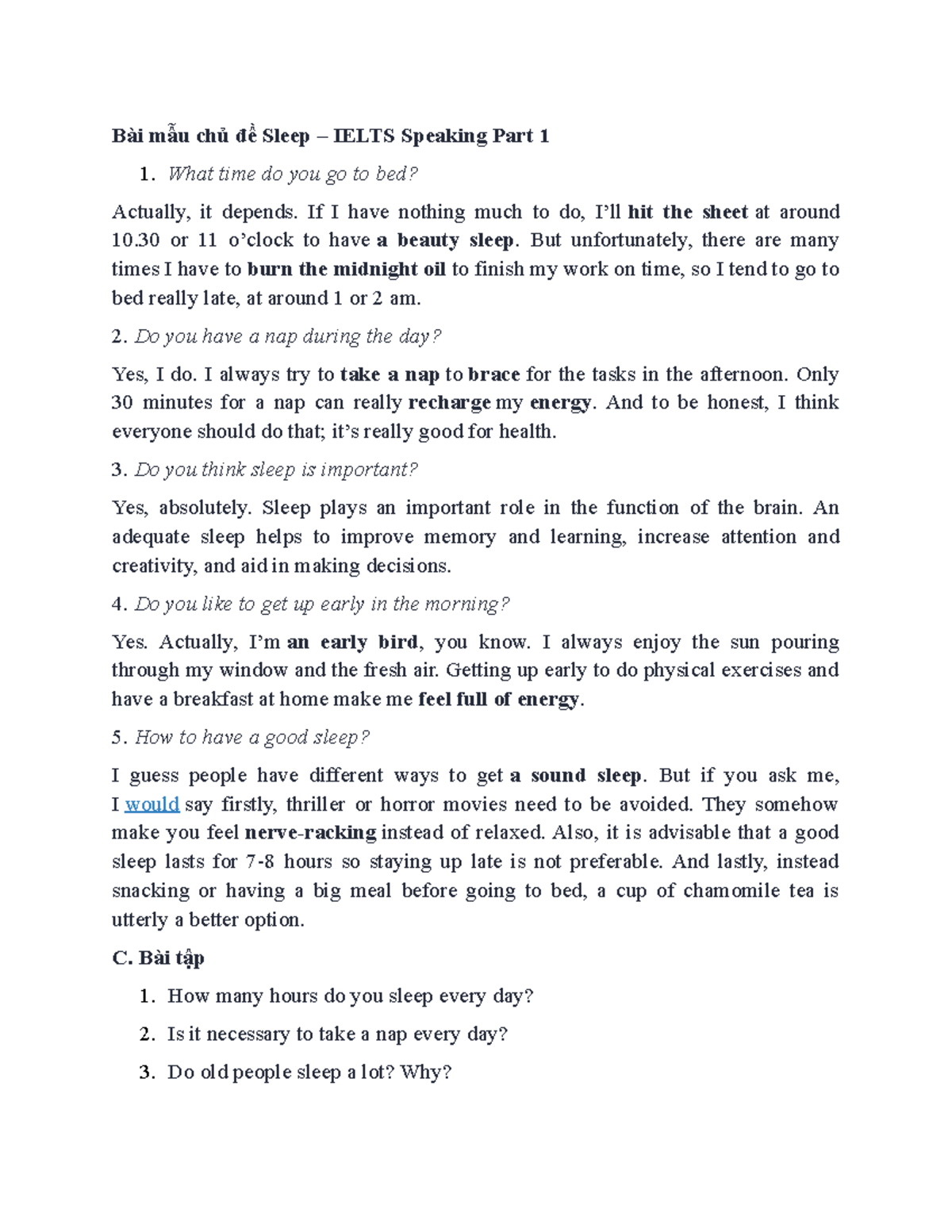 Bài mẫu chủ đề Sleep - IELTS Speaking Part 1 Practice Guide - Studocu