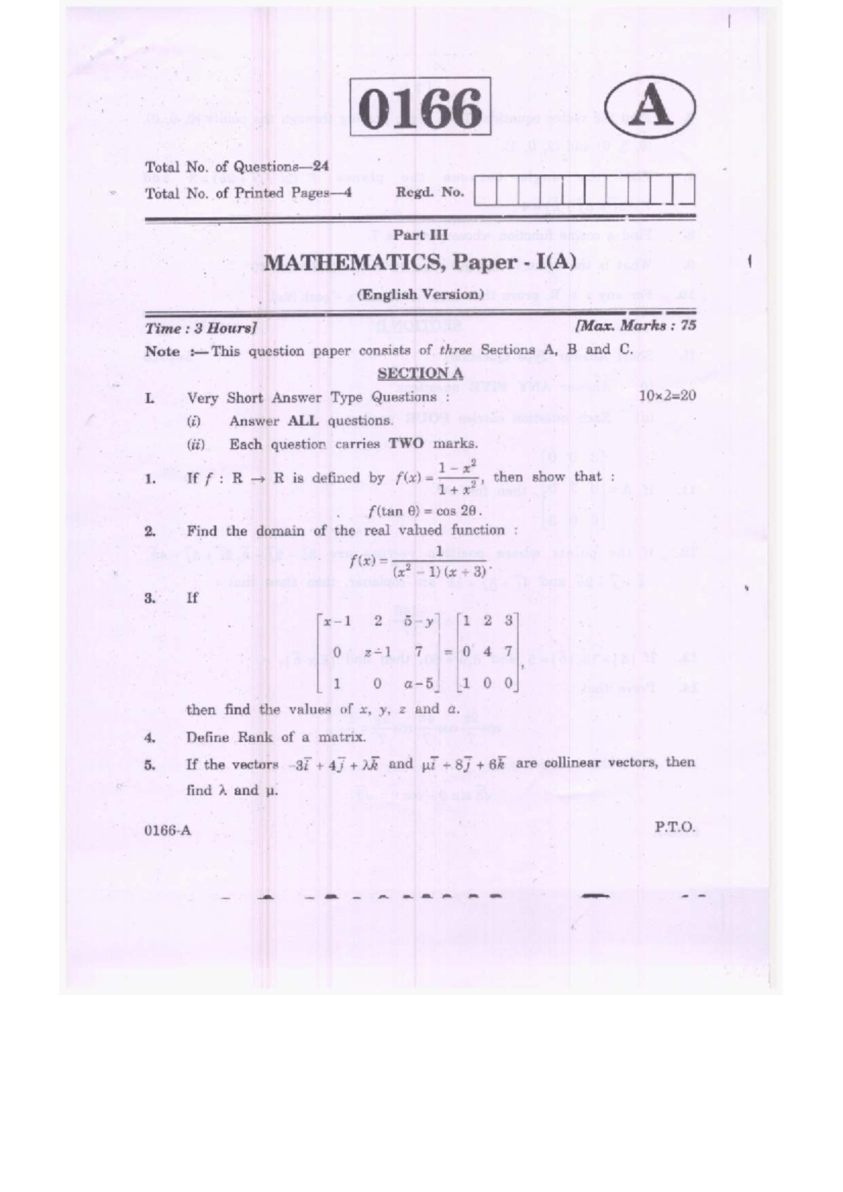 MATHEMATICS 0166 Paper I(A) - Short Answer & Problem Solving Guide ...