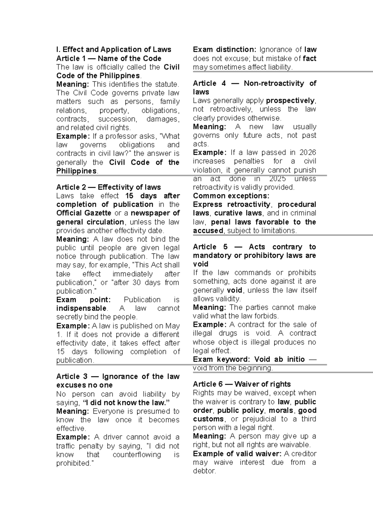 Civil Code of the Philippines: Key Articles & Concepts Summary - Studocu