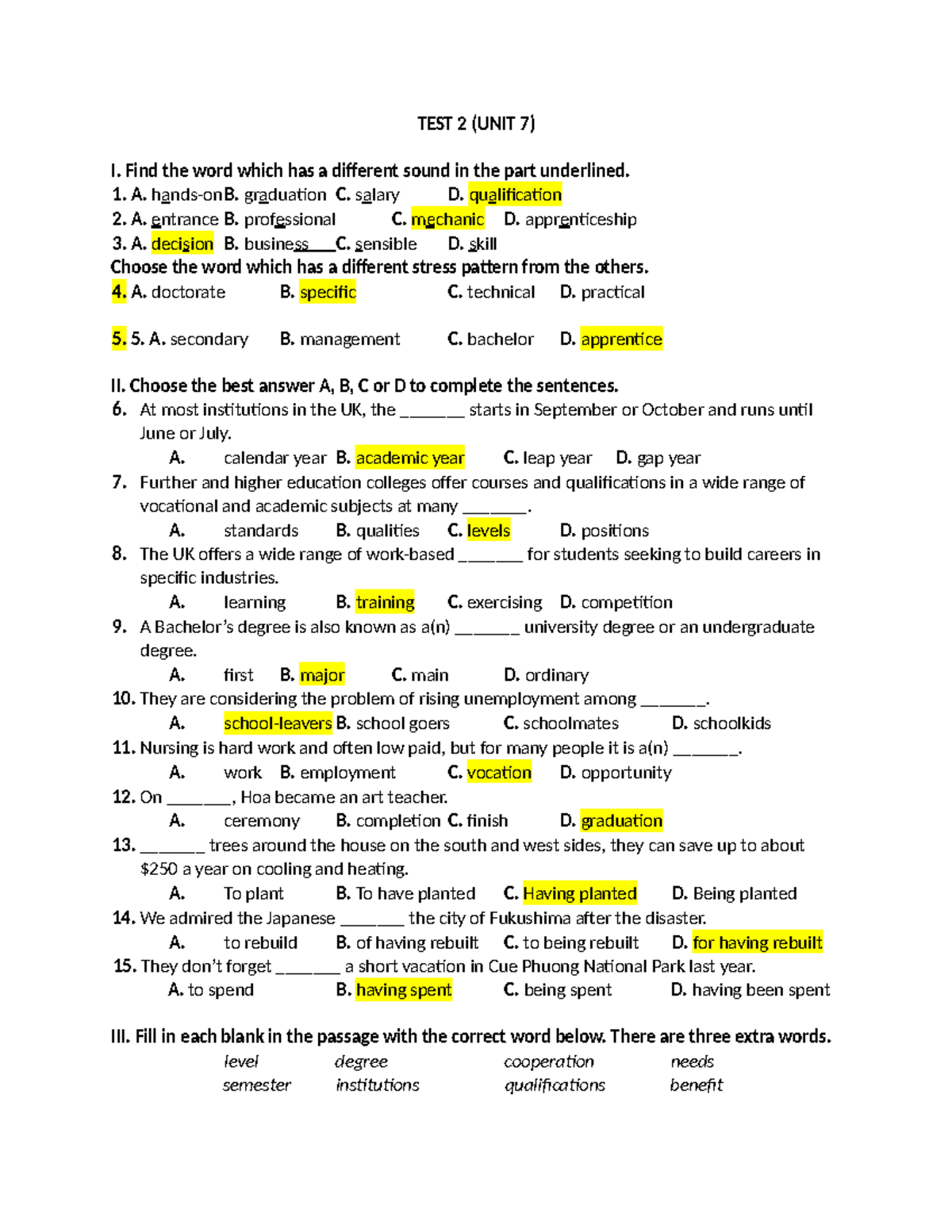 TEST 2 (UNIT 7) - Vocabulary and Grammar Exercises - Studocu