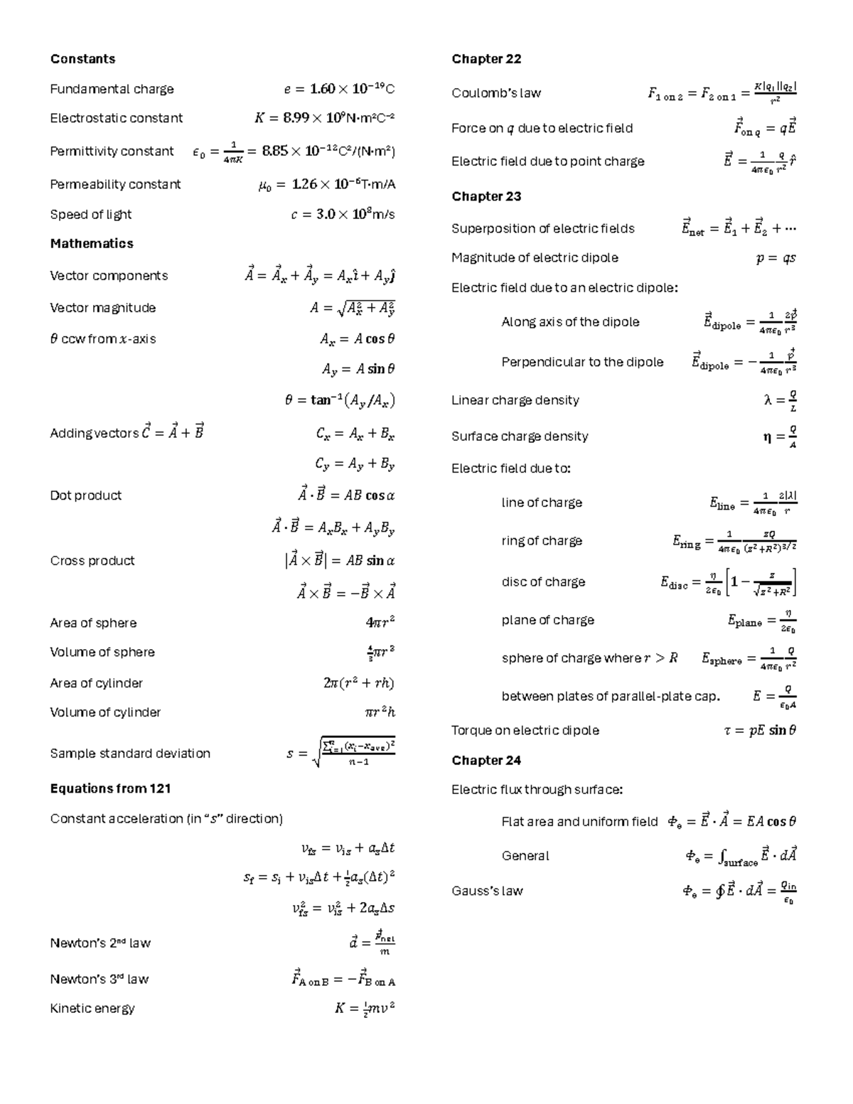 Physics 101: Equation Sheet for Chapters 22-29 - Studocu