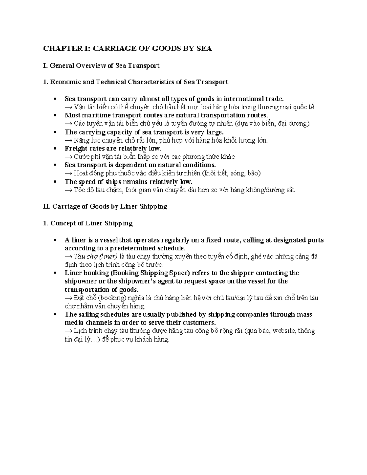 CHAPTER I: CARRIAGE OF GOODS BY SEA - Overview & Liner Shipping - Studocu