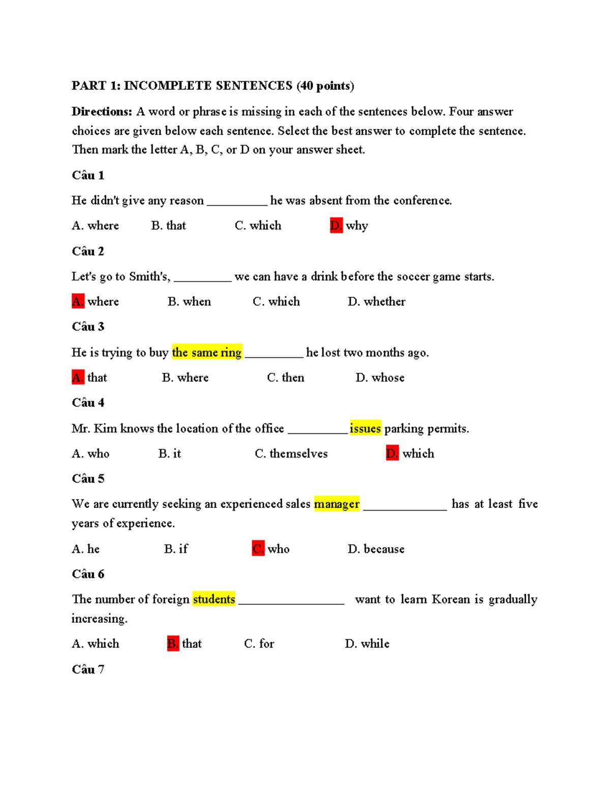 Đề 32: INCOMPLETE SENTENCES PRACTICE - READ & ANSWER - Studocu