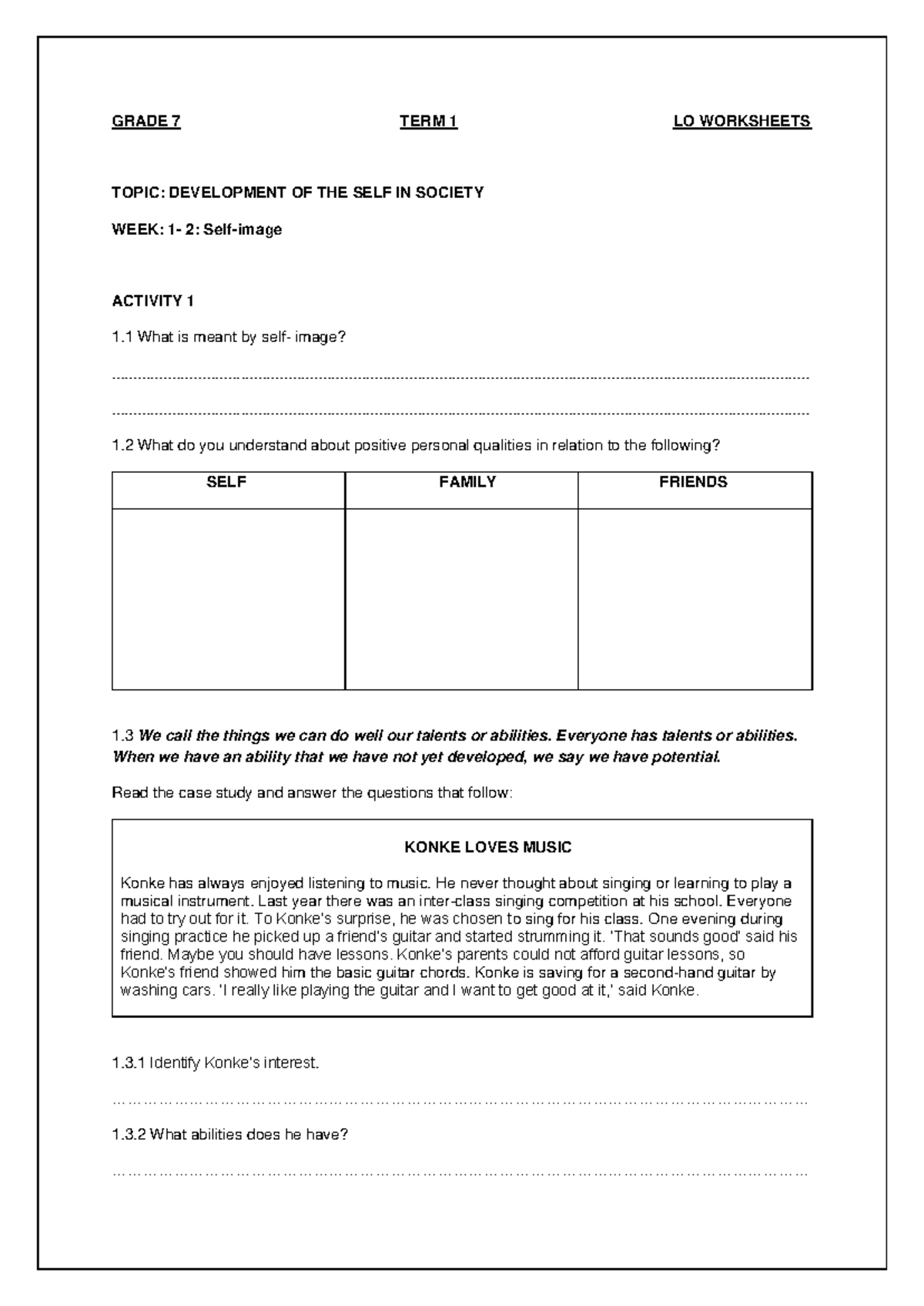 GRADE 7 TERM 1 LO WORKSHEETS: SELF DEVELOPMENT & EMOTIONAL GROWTH - Studocu