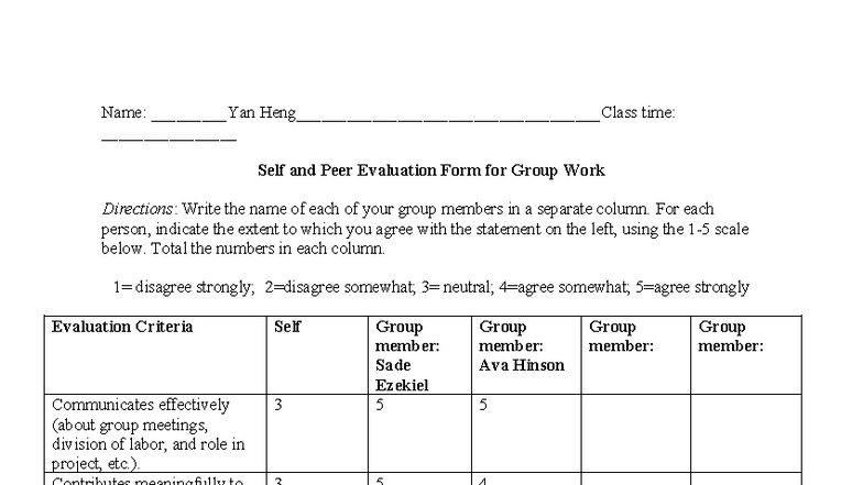 Peer Evaluation Form for Group Work - Homework Assignment - Studocu