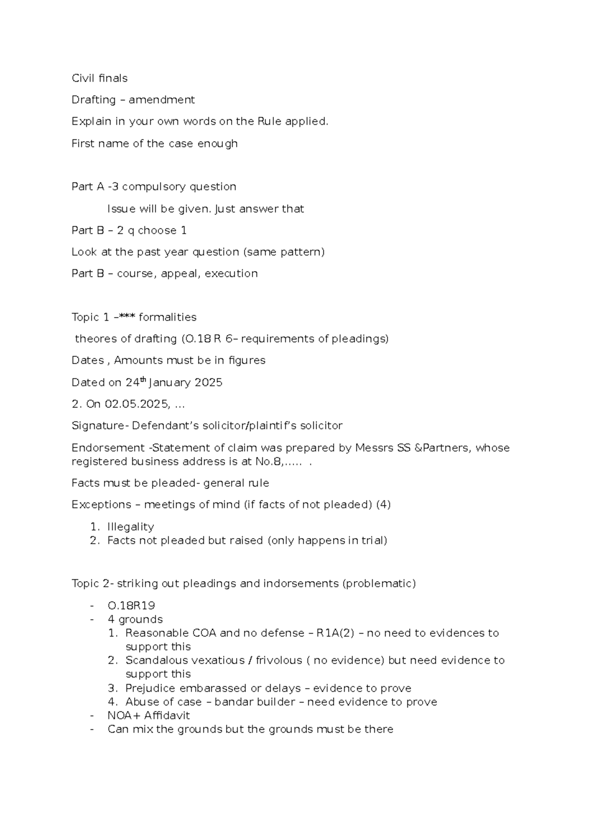 Civil Finals: Drafting Amendments & Key Legal Principles - Studocu