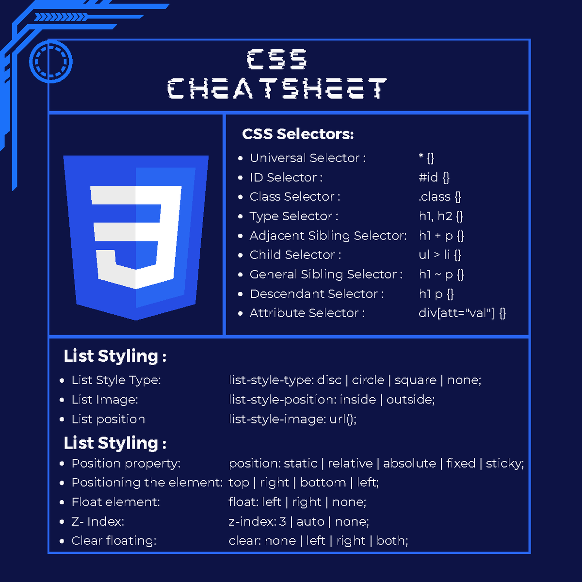 CSS Cheat sheet - Practice material - CSS Selectors: List Styling ...