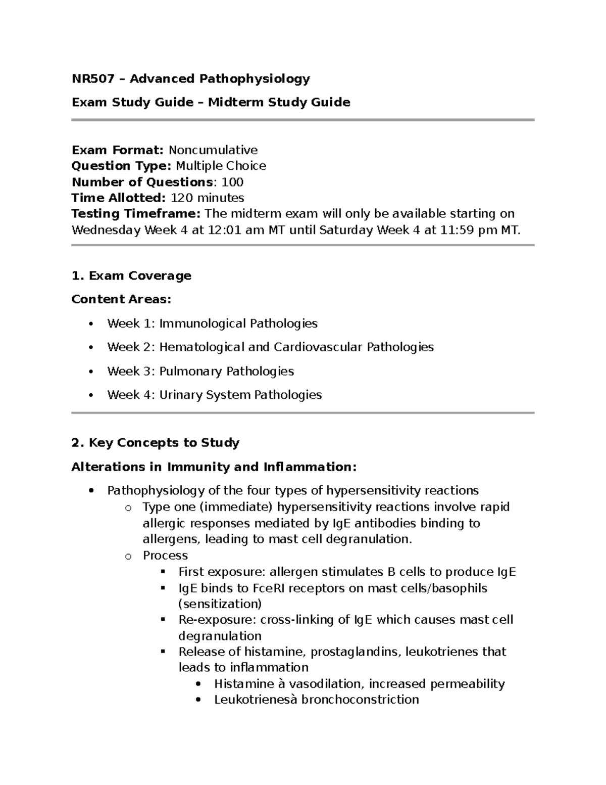 NR507 Advanced Pathophysiology Midterm Exam Study Guide - Studocu