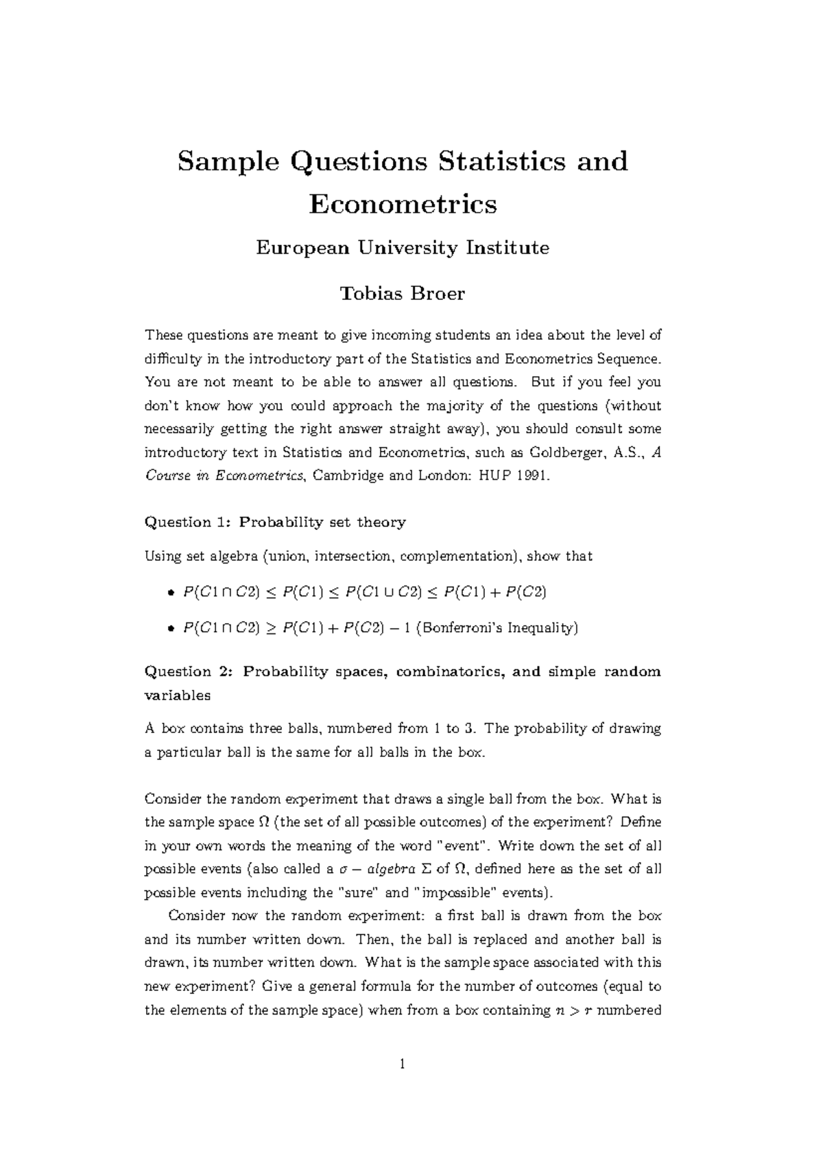 Samplequestionsstatisticseconometrics - Sample Questions Statistics and ...