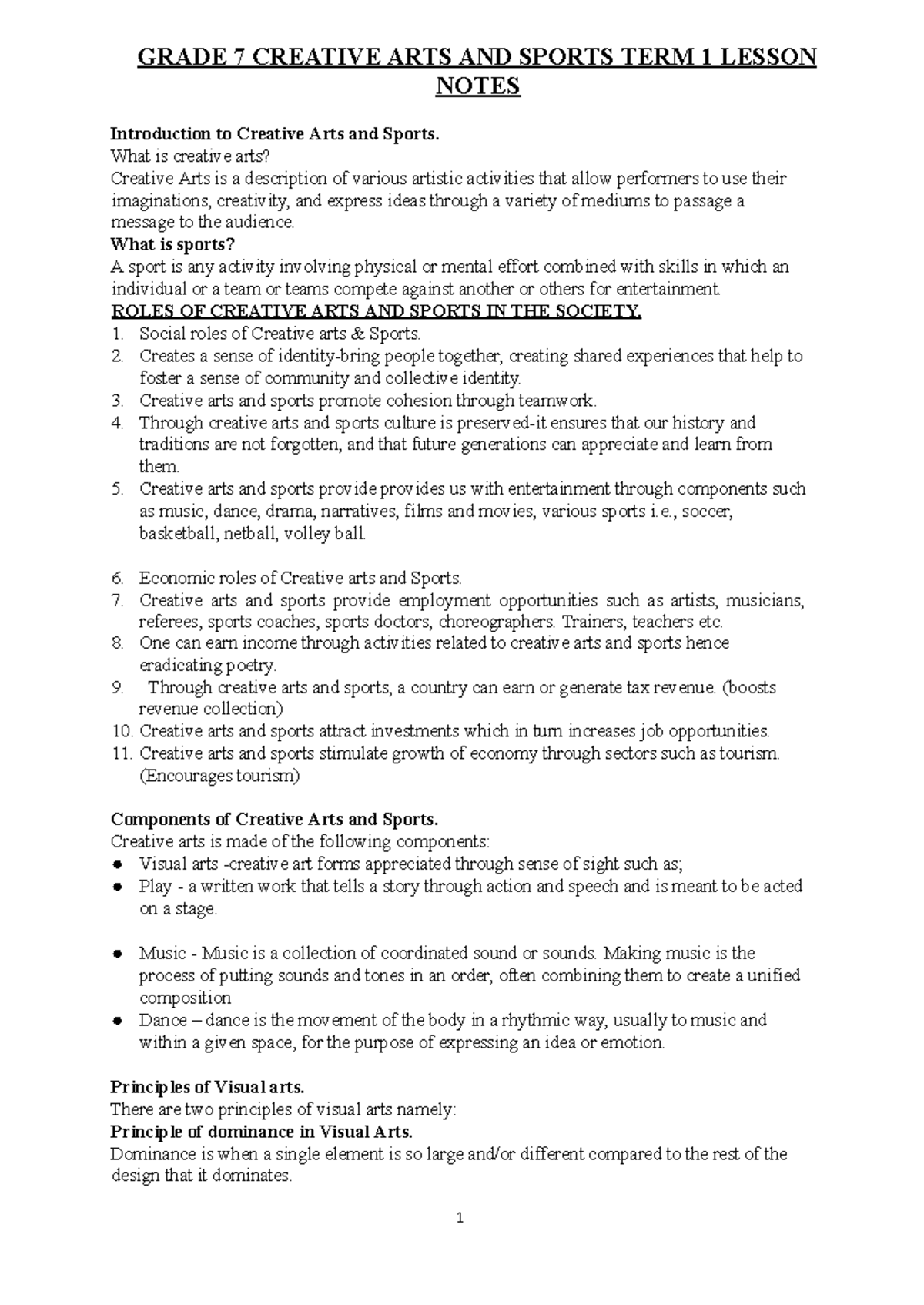 Creative ARTS G7 - Term 1 Lesson Notes Overview - Studocu
