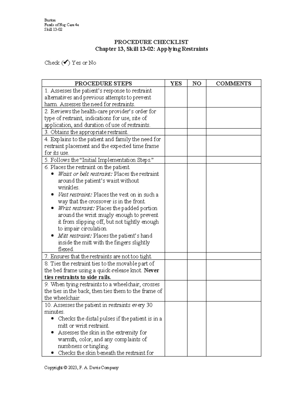 Burton Funds of Nsg Care 4e Skill 13-02: Applying Restraints Checklist ...
