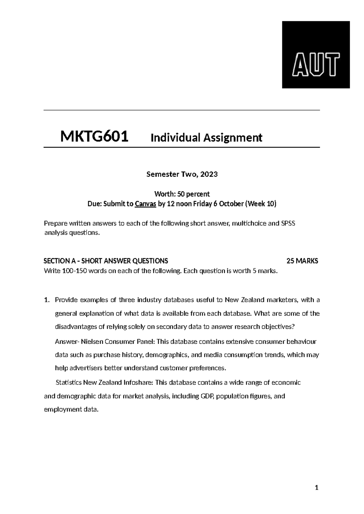 MKTG601 Individual Assignment 2 - Short Answer, MCQ, and SPSS Analysis ...
