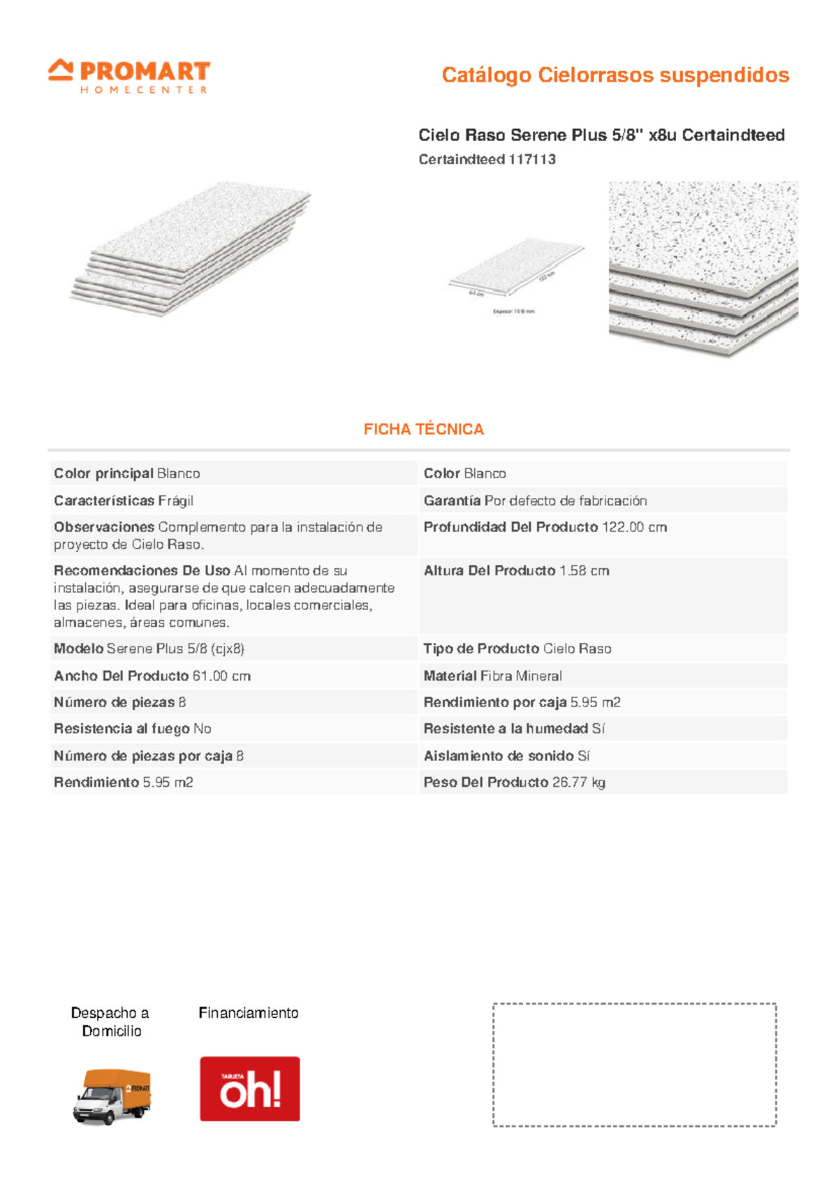 Catálogo Cielo Raso Serene Plus x8u - Ficha Técnica Promart - Document Preview