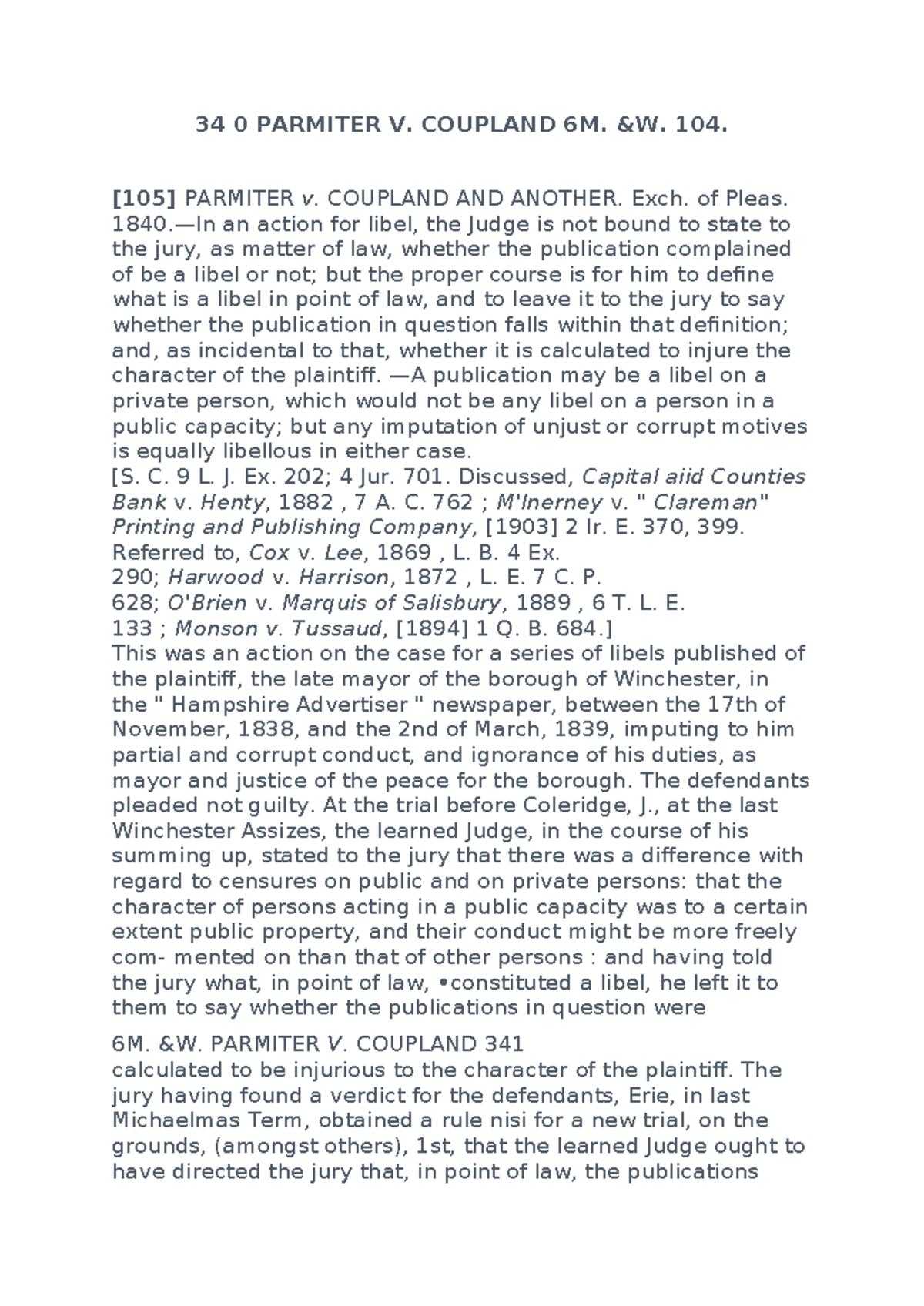 34 0 Parmiter v. Coupland: Libel and Jury Directions in Law - Studocu