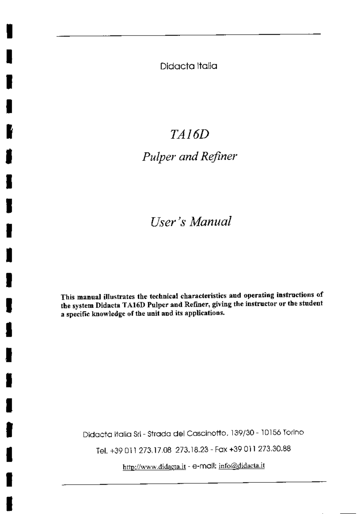 Didacta Italia TA16D Pulper and Refiner Operating Manual - Studocu