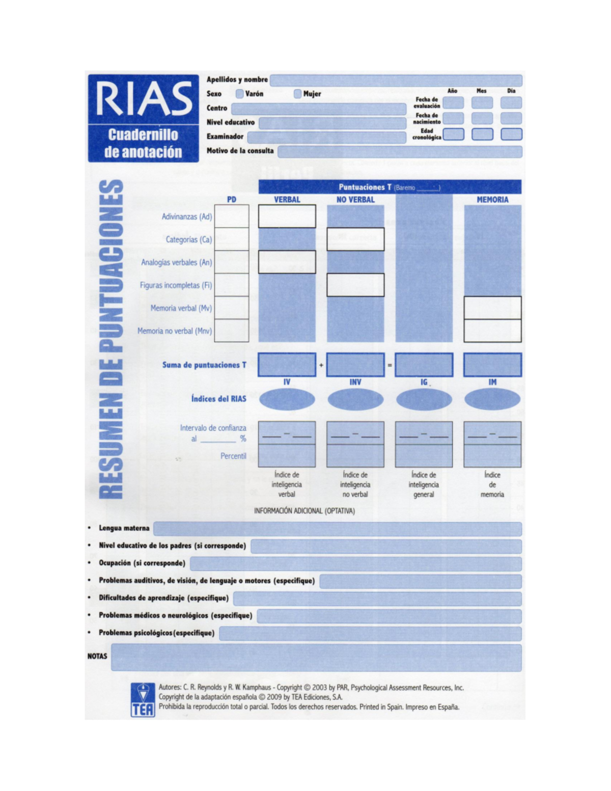 RIAS - Prueba de Inteligencia: Evaluación y Puntuaciones - Studeersnel