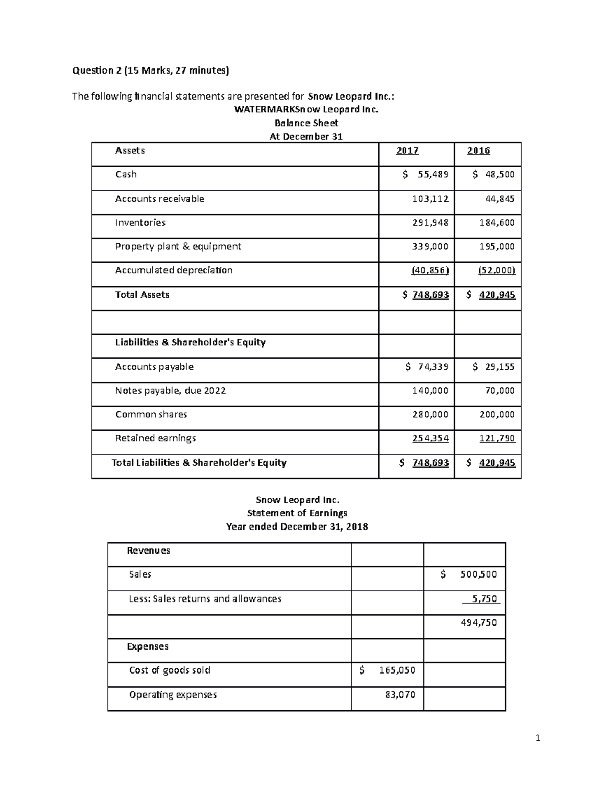 Selected Questions from FIN 301 Prior Final Exam - Studocu