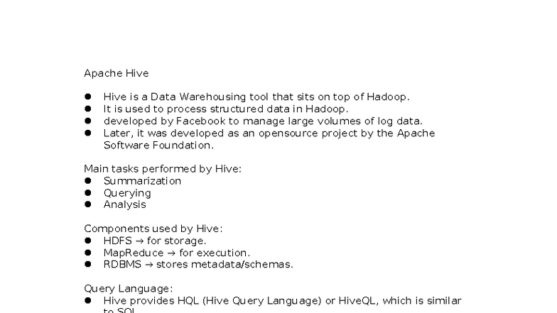 Apache Hive - Comprehensive Overview and Study Notes - Studocu