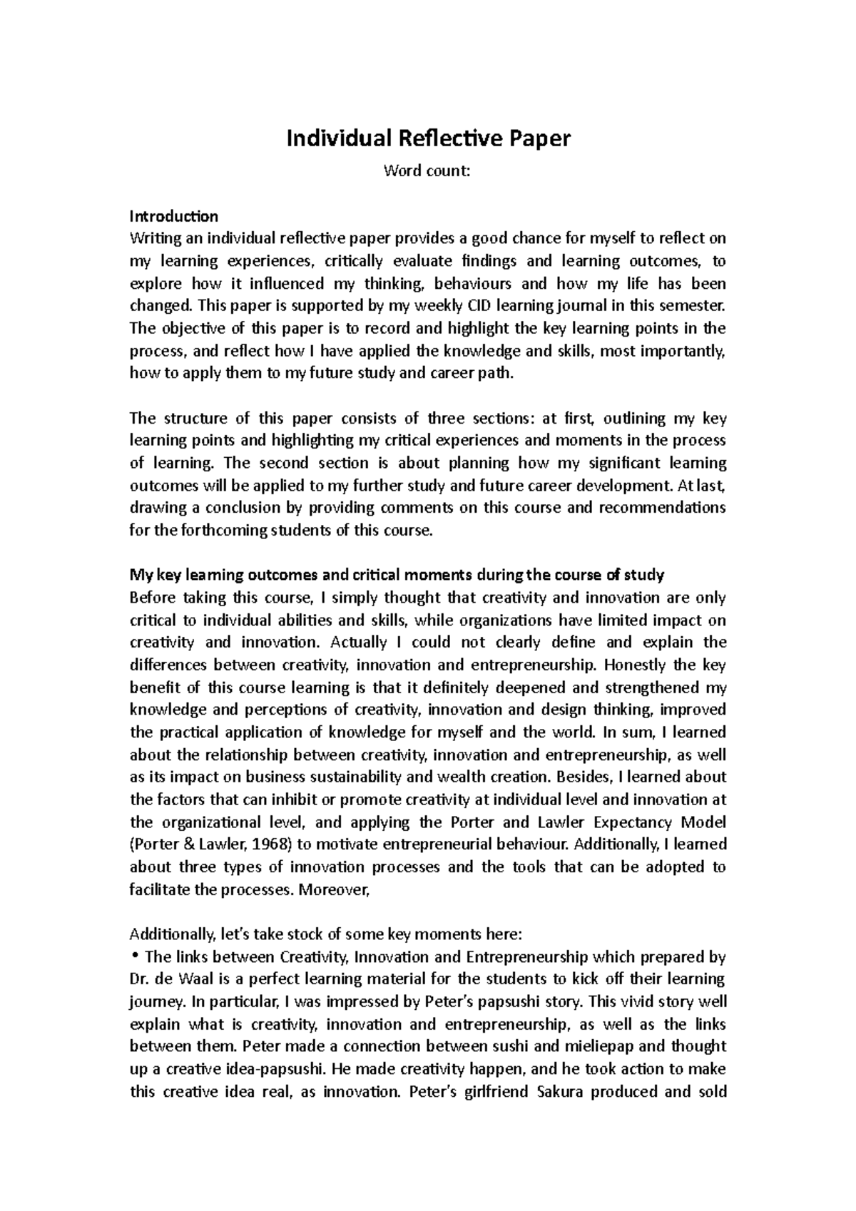 CID Reflective Paper on Creativity, Innovation, and Entrepreneurship ...