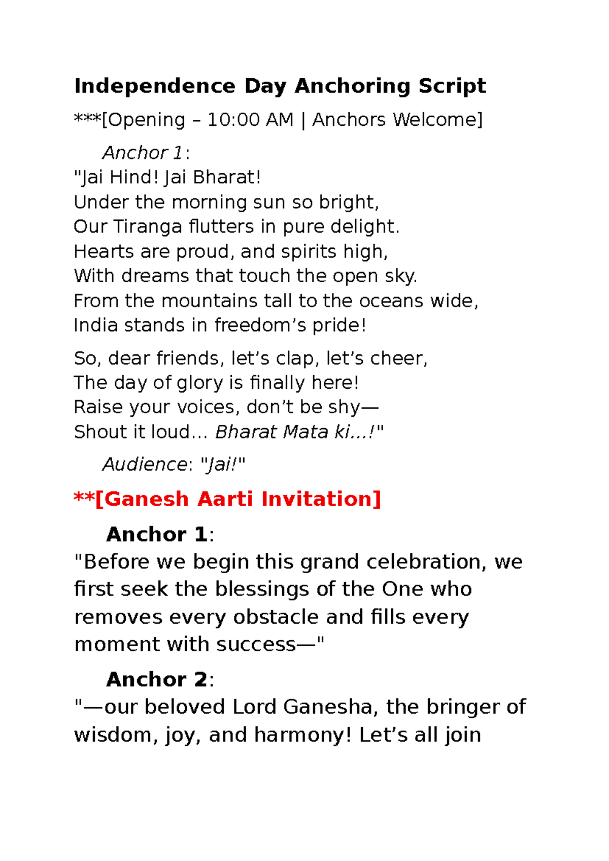 Independence Day Celebration Script 10:00 AM - Studocu