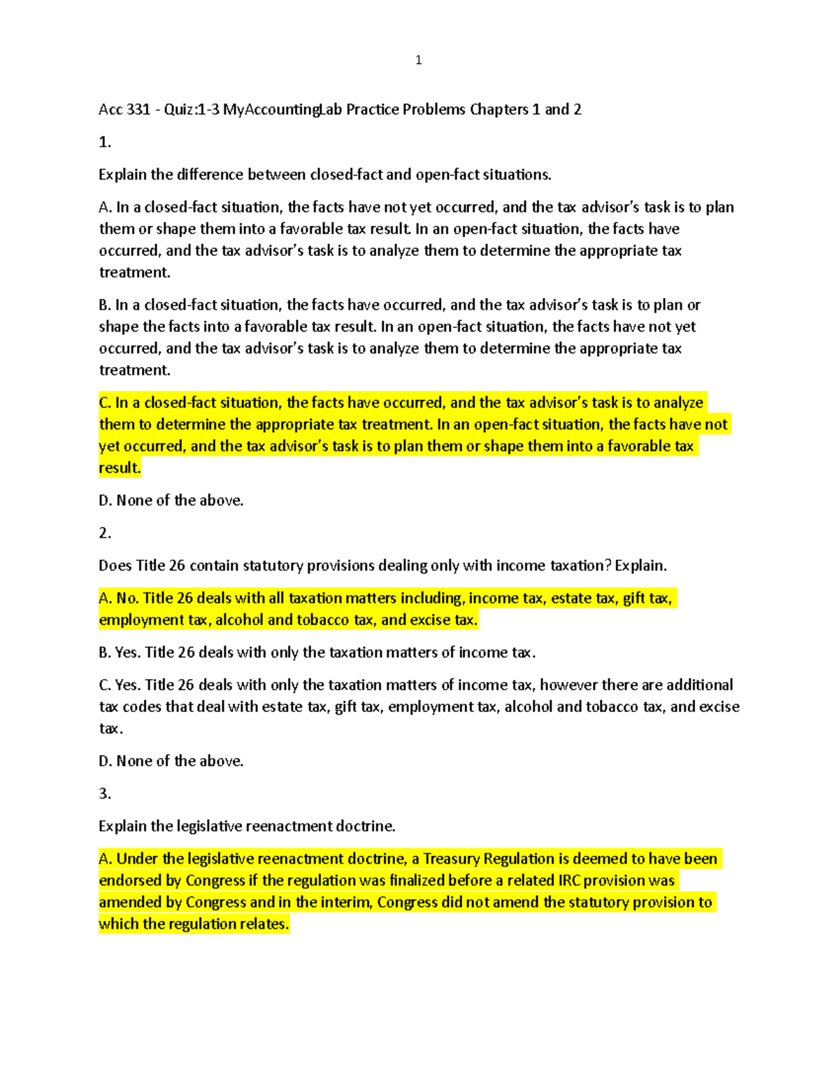 Acc331 - Quiz 1-3 MyAccountingLab Ch 1 & 2 Practice Problems - Studocu