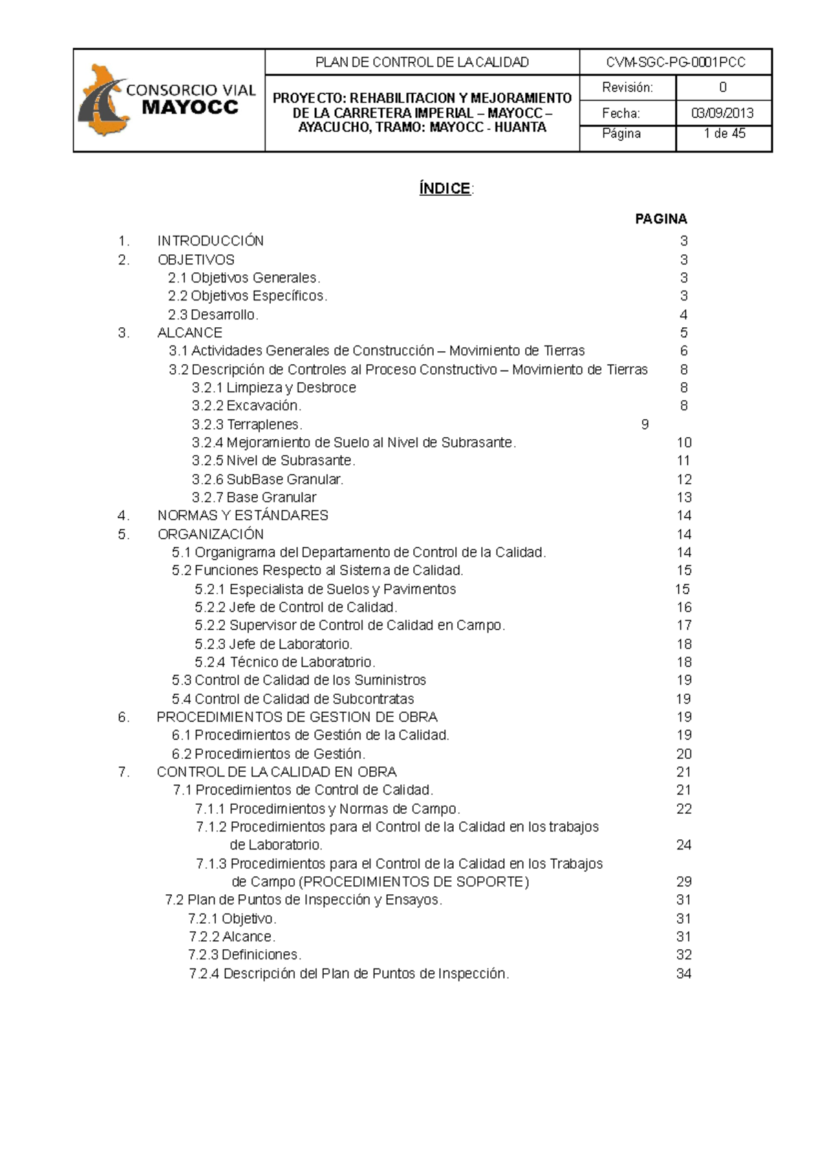 Plan de Control de Calidad - Proyecto Carretera Imperial Mayocc 02102013 - Document Preview