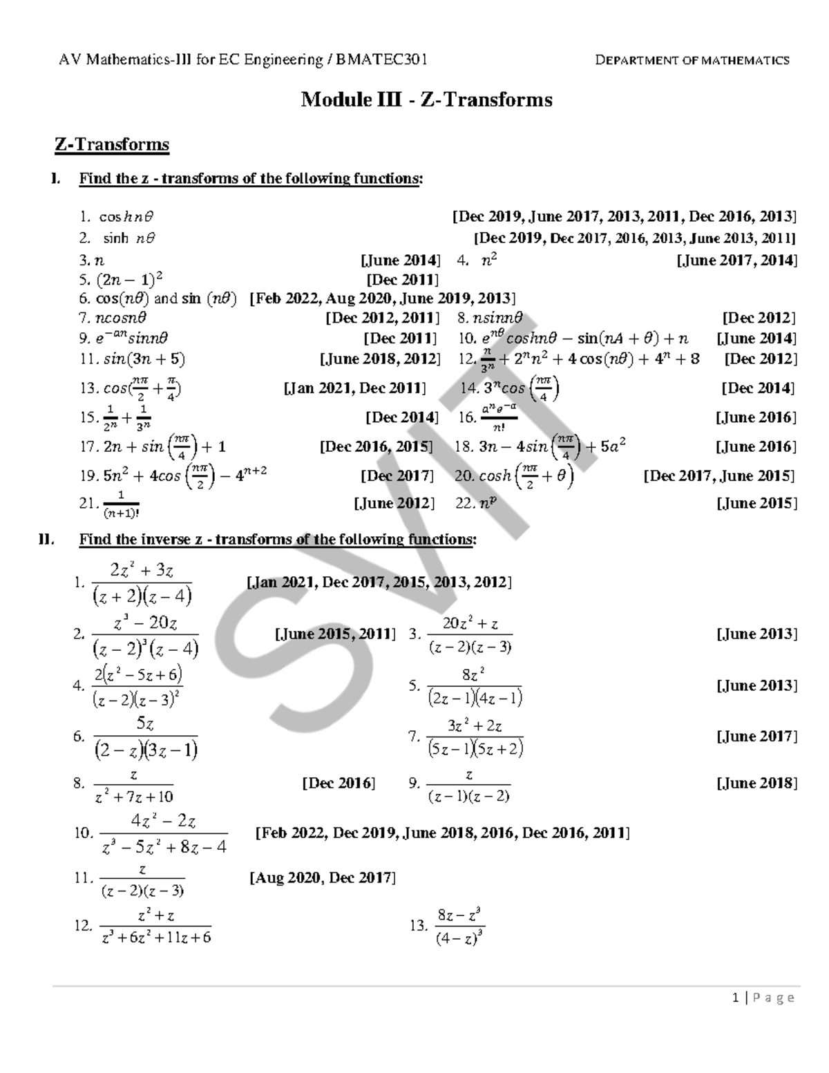 BMATEC301 - Module 3 Z-Transforms: Function Analysis and Inversion ...