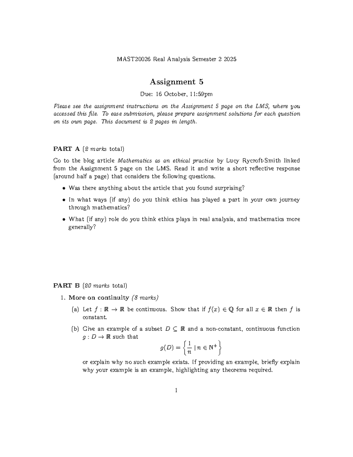 MAST20026 Real Analysis S2 2025 Assignment 5 Instructions & Tasks - Studocu