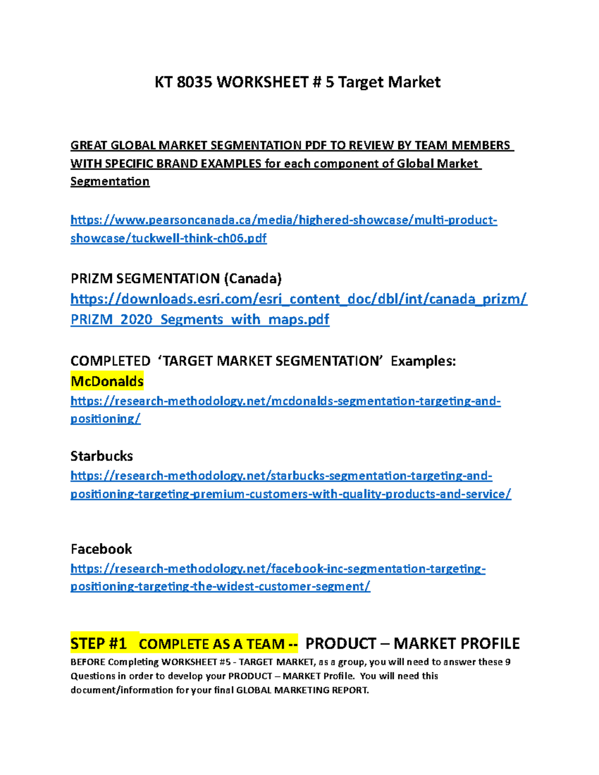 KT 8035 Worksheet #5: Target Market & Product-Market Profile Analysis ...