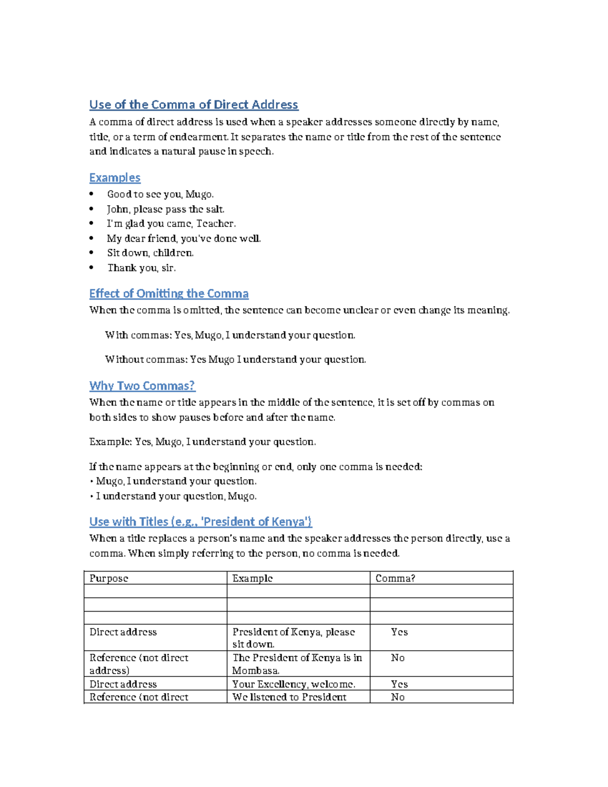 Comma of Direct Address: Usage and Examples (ENG 101) - Studocu