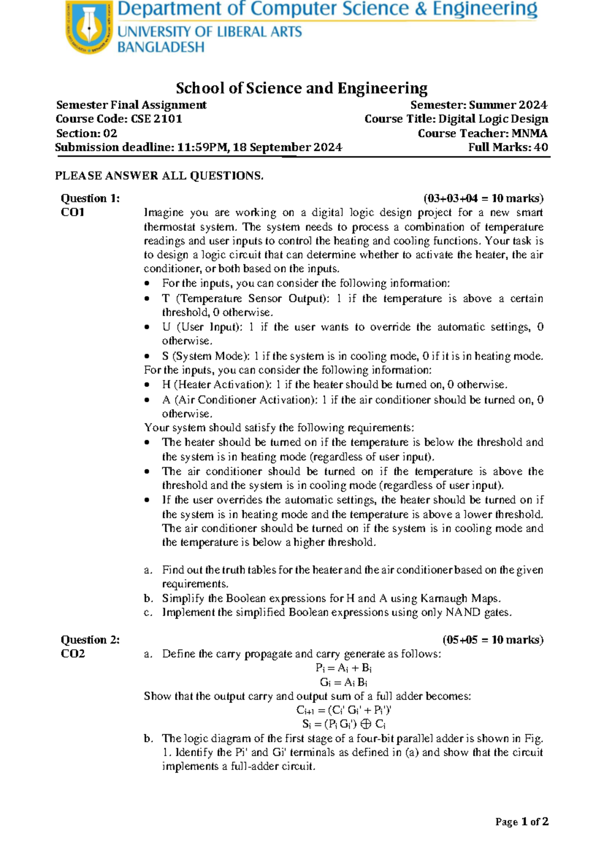 CSE 2101 Final Exam Summer 2024 Digital Logic Design Assignment - Studocu