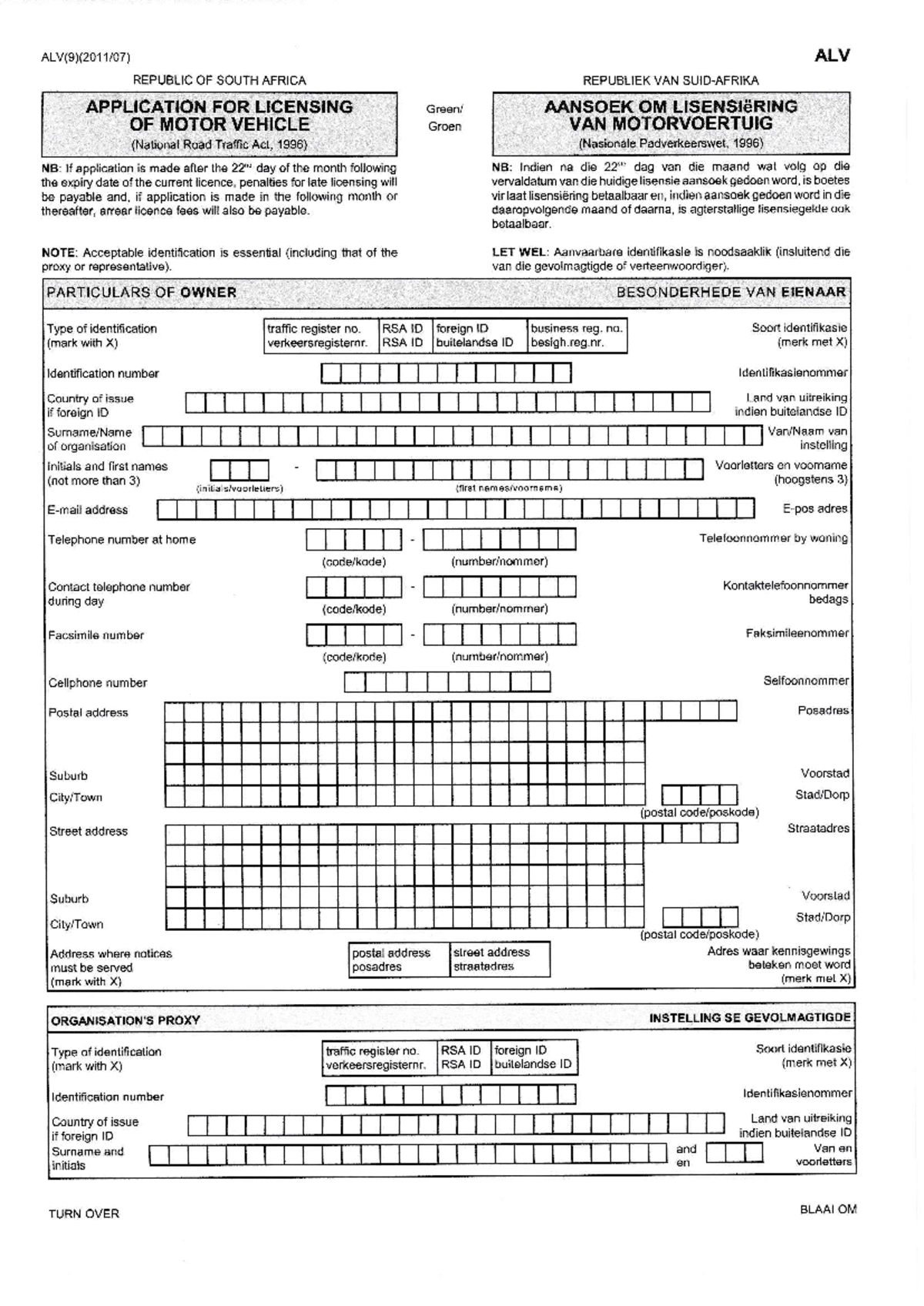 ALV - none - ALV(9X2011/07) REPUBLIC OF SOUTH AFRICA APPLICATION FOR ...