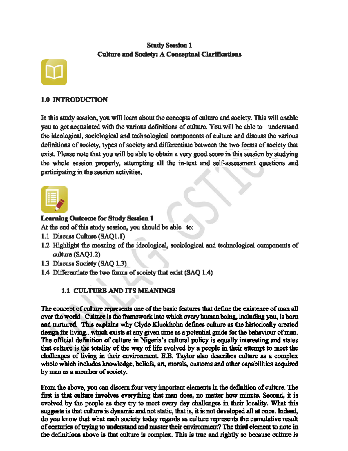 GST 103 Study Session 1: Understanding Culture and Society Concepts ...