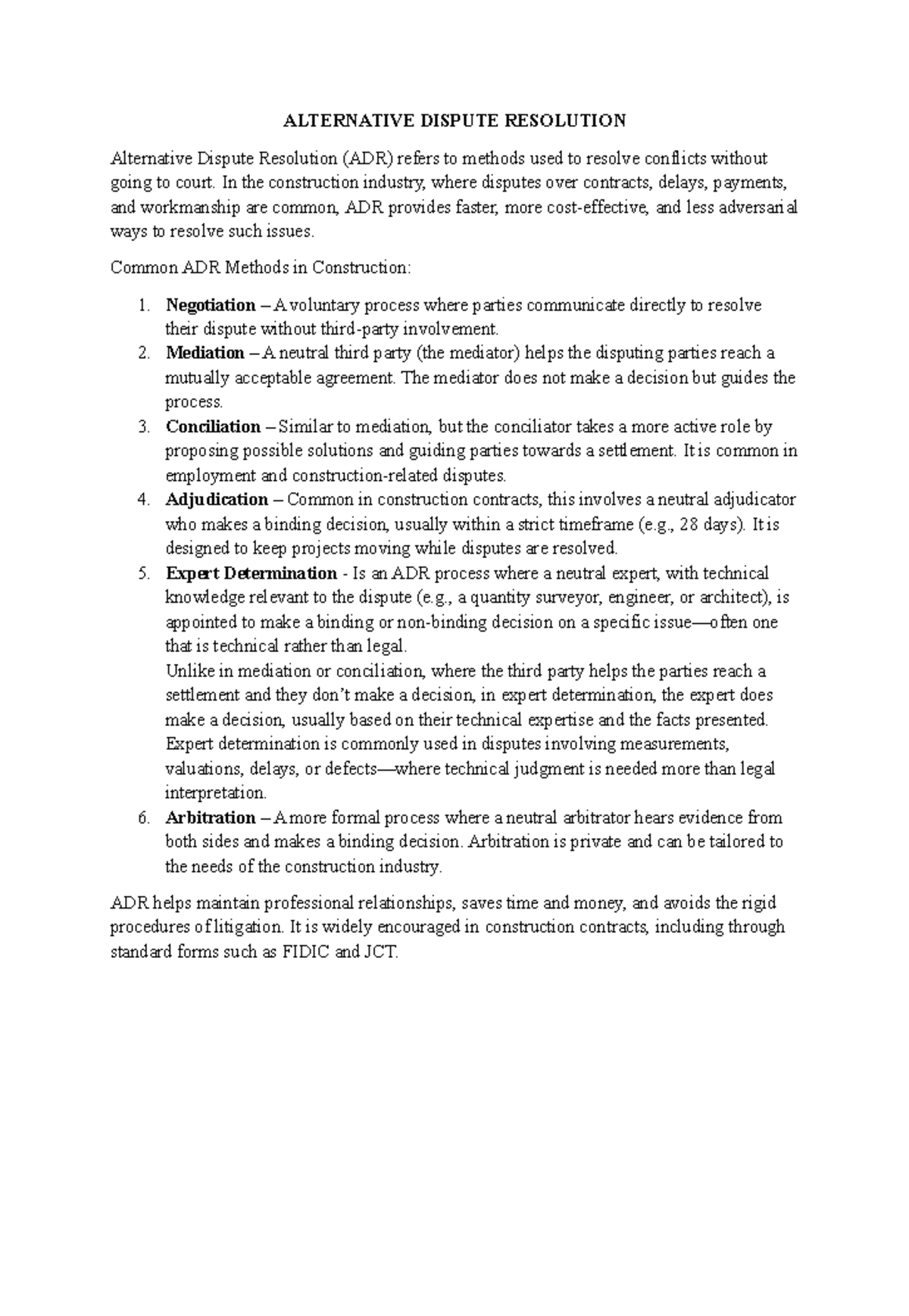 ADR in Construction: Methods, Benefits, and Challenges - Studocu