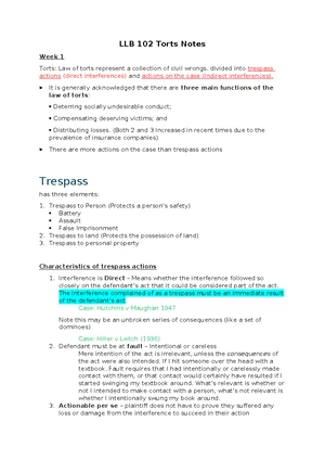 LLB 102 Torts - Week 2: Key Concepts on Trespass to Land - Studocu