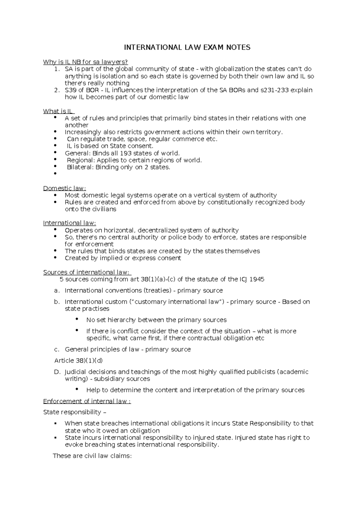 INTERNATIONAL LAW EXAM NOTES: Importance for SA Lawyers (IL 101) - Studocu